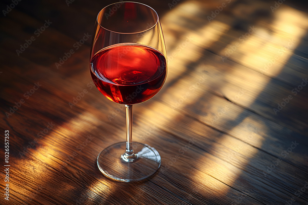 A glass of red wine is sitting on a wooden table. The wine is almost empty, with only a small amount of liquid left in the glass. The table is illuminated by sunlight, creating a warm