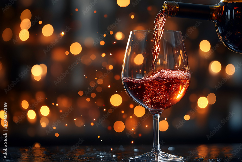 A glass of red wine is poured into a wine glass. The scene is set in a dimly lit room with a blurry background. Scene is relaxed and intimate