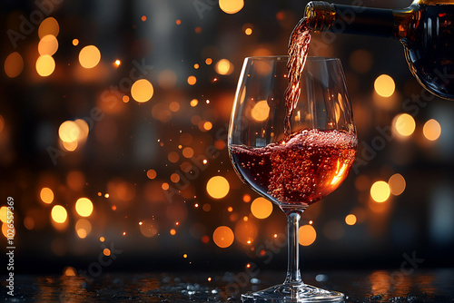 Obraz na płótnie A glass of red wine is poured into a wine glass. The scene is set in a dimly lit room with a blurry background. Scene is relaxed and intimate w salonie