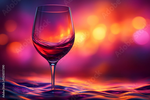 A glass of red wine is sitting on a table in front of a colorful background. The wine glass is half full, and the wine inside is swirling around in the glass. Scene is relaxed and enjoyable