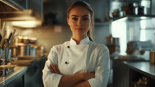 A professional young woman chef stands in a commercial kitchen, dressed in a snow-white chef's jacket, arms crossed, with neatly laid out kitchen tools in the background. 