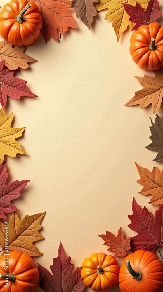 Autumn holiday background featuring pumpkins, colorful dried leaves, and fall decorations arranged at the bottom, leaving the top part empty. Flat lay, top view with copy space. Happy Thanksgiving, ha