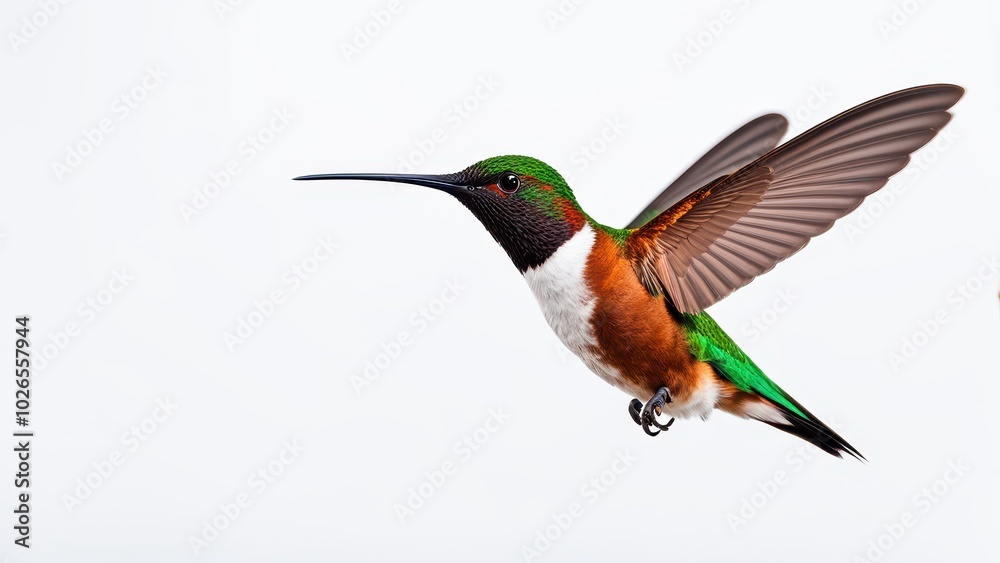 Fototapeta premium A colorful hummingbird in flight, showcasing its vibrant plumage and graceful wings.