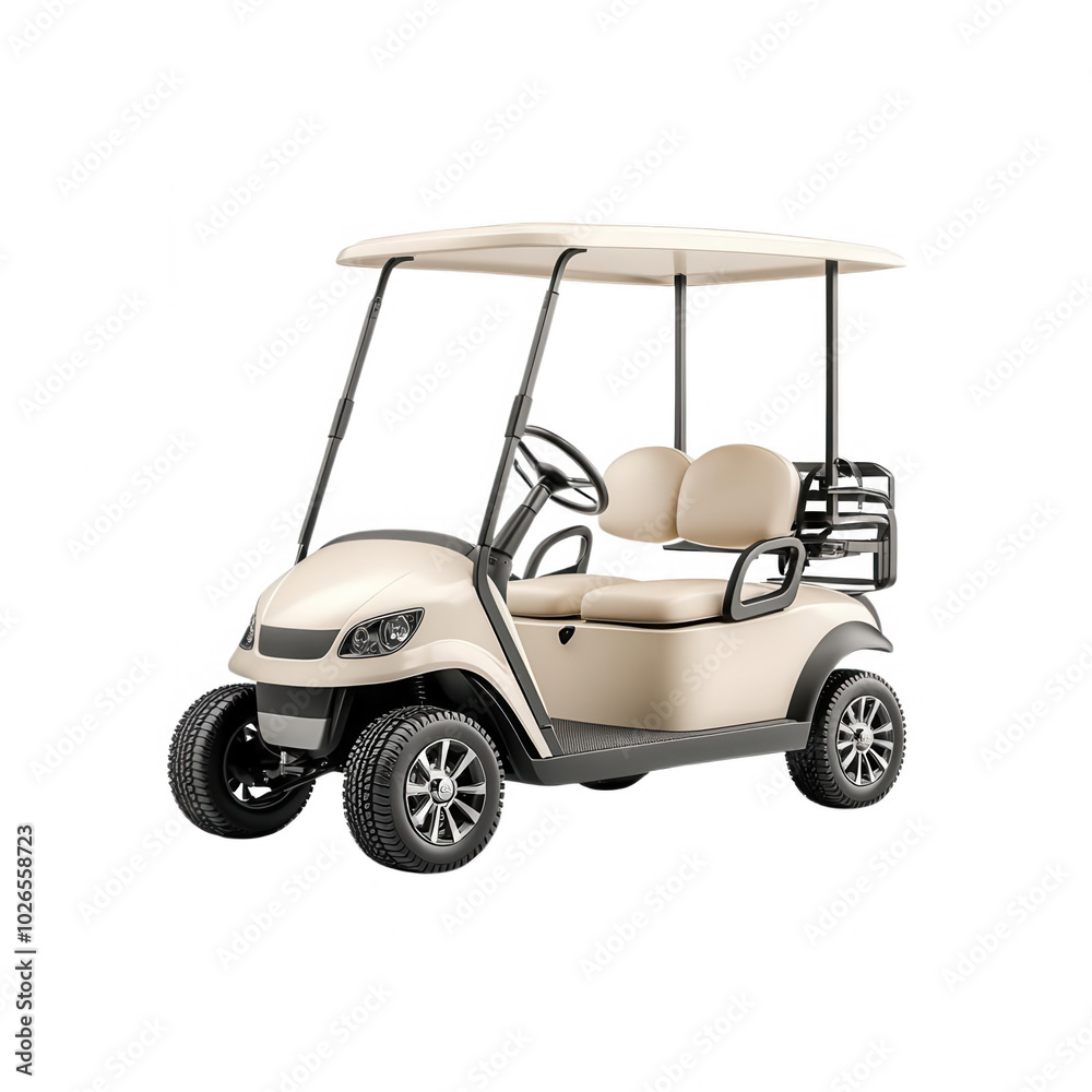 Fototapeta premium Golf cart with beige seats on a white isolated background.