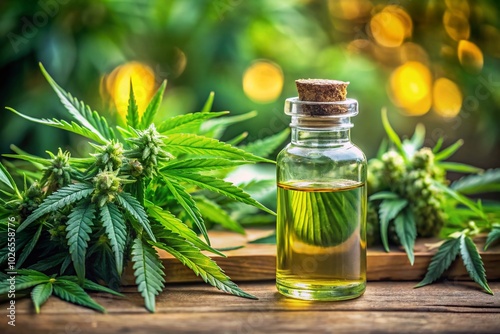 Cannabis Oil in Glass Bottle Surrounded by Fresh Cannabis Leaves and Buds for Natural Remedies