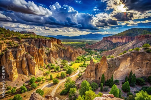 Canyon Overlook Vista in Bandelier National Monument, New Mexico - Summer View of Jemez Mountains Rock Formations photo