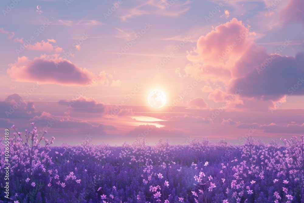 Beautiful purple field of flowers with the sun setting in the background, creating an ethereal and dreamy atmosphere. Sky is filled with soft pink clouds, overall romantic feel of the scene Beautiful purple field of flowers with the sun setting in the background, creating an ethereal and dreamy atmosphere. Sky is filled with soft pink clouds, overall romantic feel of the scene