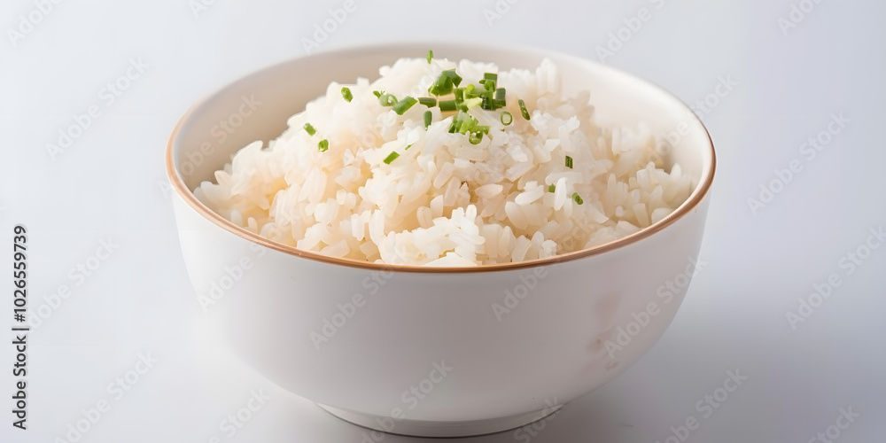 Steamed Korean Rice on a White Dish Against a White Background | Delicious and Traditional Asian Cuisine Steamed Korean Rice on a White Dish Against a White Background | Delicious and Traditional Asian Cuisine