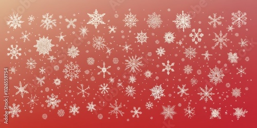 Christmas illustration with various small snowflakes on gradient background in red colors 