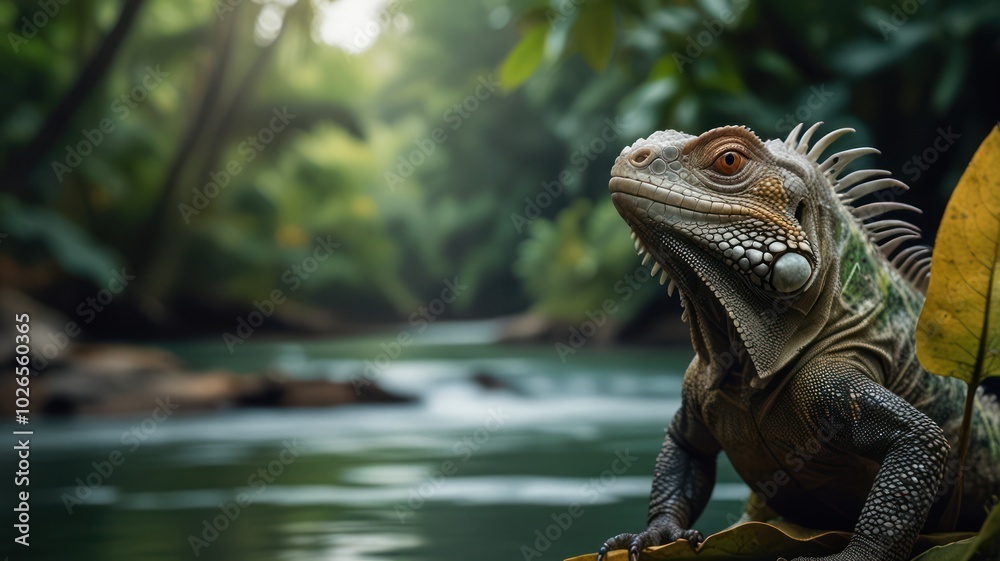 Fototapeta premium A green iguana perched on a branch beside a flowing river, with lush tropical greenery in the background.