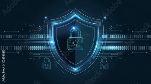 Abstract illustration of a shield with digital lines, binary code, and padlocks, symbolizing cybersecurity, data protection, and privacy, in a futuristic style with glowing elements. photo