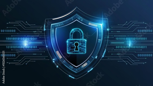 Abstract illustration of a shield with digital lines, binary code, and padlocks, symbolizing cybersecurity, data protection, and privacy, in a futuristic style with glowing elements. photo