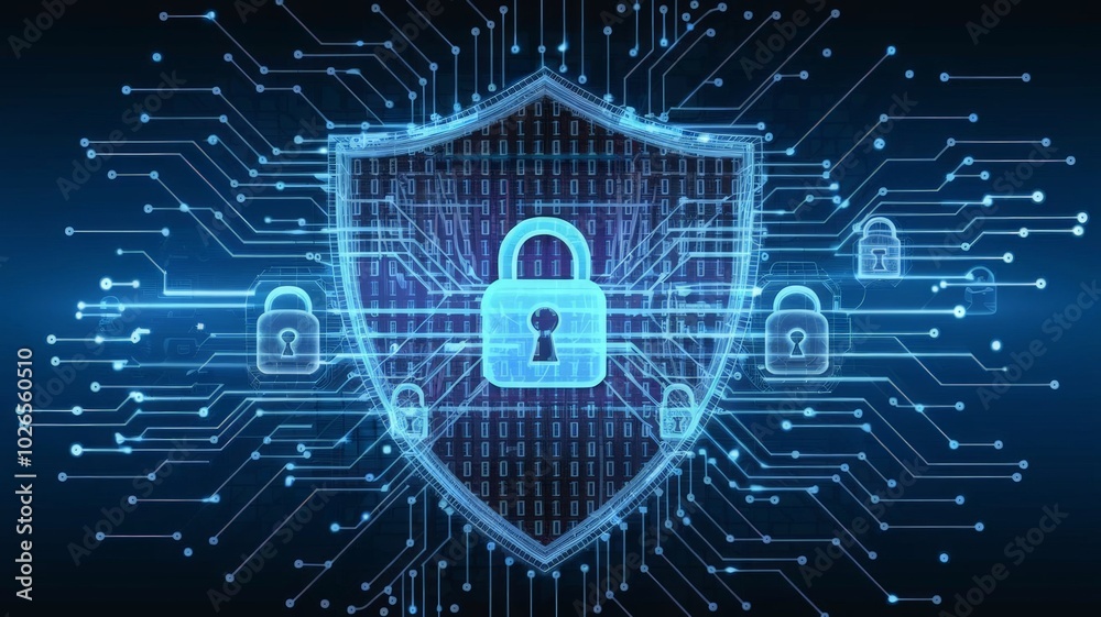 Abstract illustration of a shield with digital lines, binary code, and padlocks, symbolizing cybersecurity, data protection, and privacy, in a futuristic style with glowing elements. Abstract illustration of a shield with digital lines, binary code, and padlocks, symbolizing cybersecurity, data protection, and privacy, in a futuristic style with glowing elements.