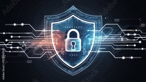 Abstract illustration of a shield with digital lines, binary code, and padlocks, symbolizing cybersecurity, data protection, and privacy, in a futuristic style with glowing elements. photo