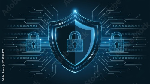 Abstract illustration of a shield with digital lines, binary code, and padlocks, symbolizing cybersecurity, data protection, and privacy, in a futuristic style with glowing elements. photo