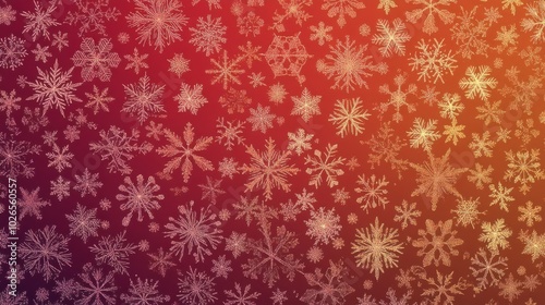 Christmas illustration with various small snowflakes on gradient background in red colors 