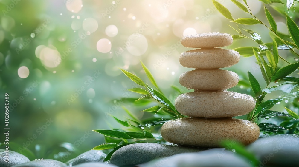 Stacked Stones with Water Drops and Green Foliage in a Natural Setting Stacked Stones with Water Drops and Green Foliage in a Natural Setting