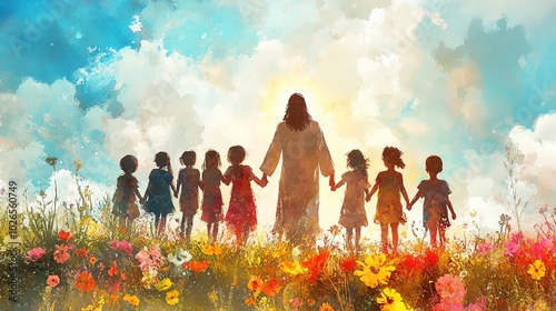 jesus christ holding hands with diverse group of people digital watercolor painting