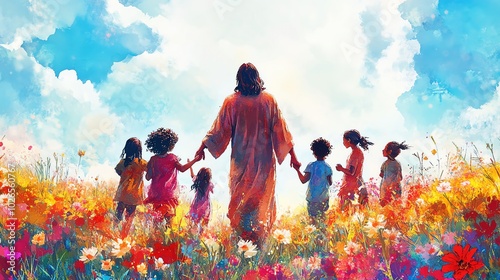 jesus christ holding hands with diverse group of people digital watercolor painting