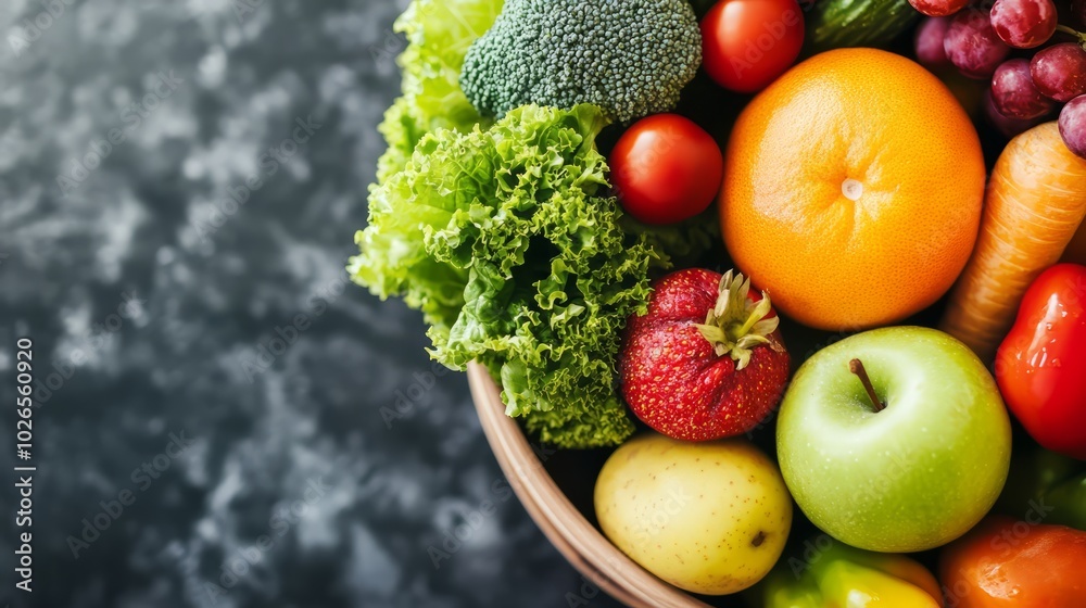 Banner for promotion of nutritionist services with close-up of fresh fruits and vegetables in a bowl.