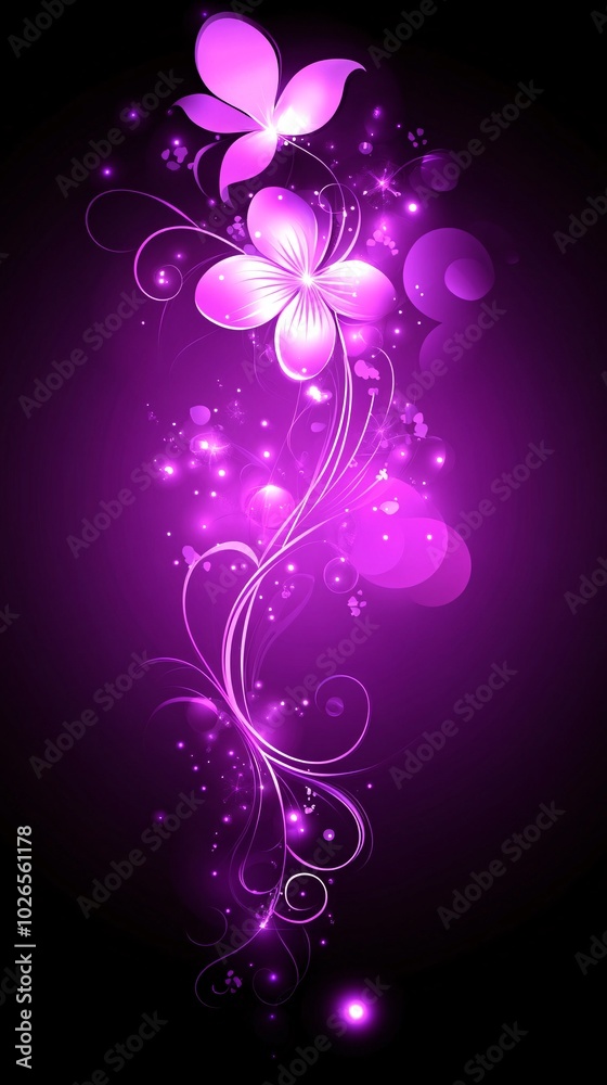 Glowing purple floral design with butterflies on a dark background. Glowing purple floral design with butterflies on a dark background.