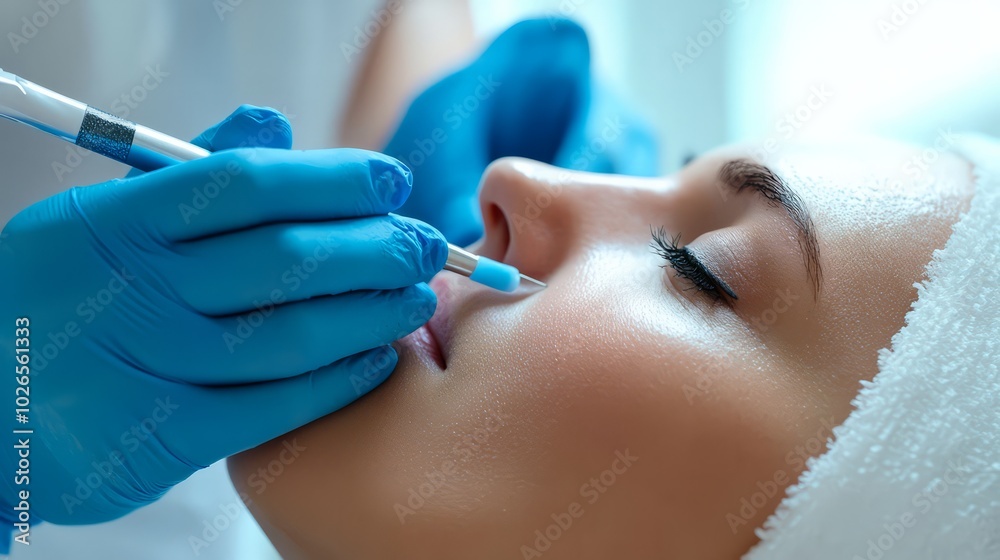 Precise Lip Enhancement: Close-up view of a cosmetic procedure, focusing on the detail of lip augmentation with a precise injection technique. A serene client receives expert care. Precise Lip Enhancement: Close-up view of a cosmetic procedure, focusing on the detail of lip augmentation with a precise injection technique. A serene client receives expert care.