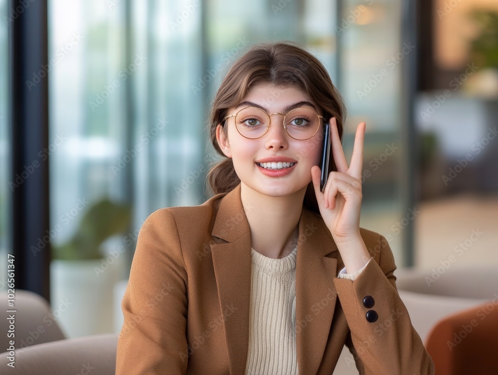 Confident Asian Woman in Brown Suit with Glasses Confident Asian Woman in Brown Suit with Glasses