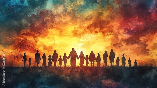 jesus christ holding hands with diverse group of people digital watercolor painting