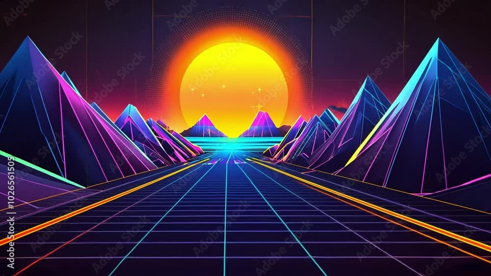 Futuristic, neon-lit landscape with geometric mountains, a bright sun, and a glowing road receding into the horizon.