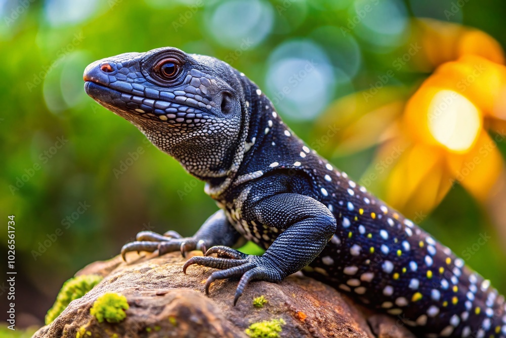 Stunning Black Lizard with White Spots on a Rock in Nature - Perfect for Wildlife and Reptile Enthusiasts Stunning Black Lizard with White Spots on a Rock in Nature - Perfect for Wildlife and Reptile Enthusiasts