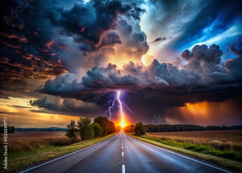 Captivating Night Photography of a Road to Storm with Dramatic Clouds and Lightning