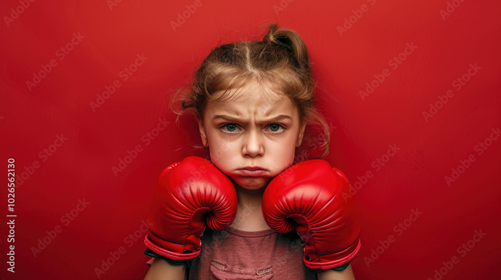 Angry girl wearing boxing gloves ready to fight on red background. Determination and strength of a kid boxer child concept Angry girl wearing boxing gloves ready to fight on red background. Determination and strength of a kid boxer child concept