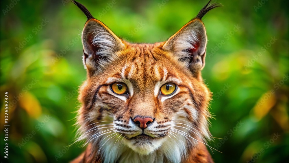Captivating Portrait of a Lynx with Striking Red Feathers Against a Lush Green Background Captivating Portrait of a Lynx with Striking Red Feathers Against a Lush Green Background