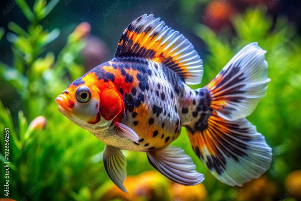 Stunning Calico Oranda Goldfish Swimming Gracefully in a Freshwater Aquarium - Vibrant Colors and Unique Patterns on Stunning Calico Oranda Goldfish Swimming Gracefully in a Freshwater Aquarium - Vibrant Colors and Unique Patterns on