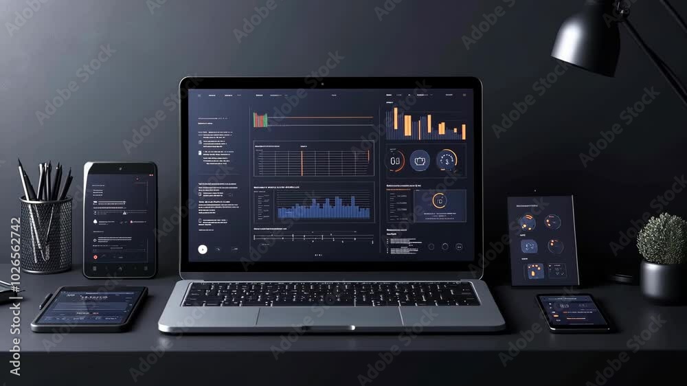 A laptop with charts and graphs open is on a dark desk with a tablet and phone beside it A laptop with charts and graphs open is on a dark desk with a tablet and phone beside it