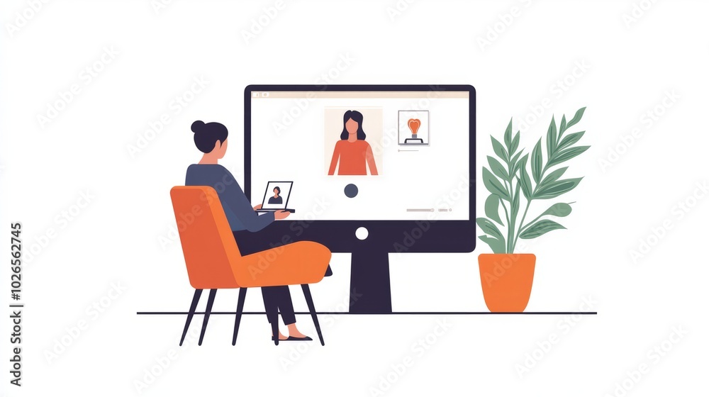 Virtual Collaboration: A woman works from home, connecting with colleagues on a video call, showcasing the modern world of remote work and communication. 