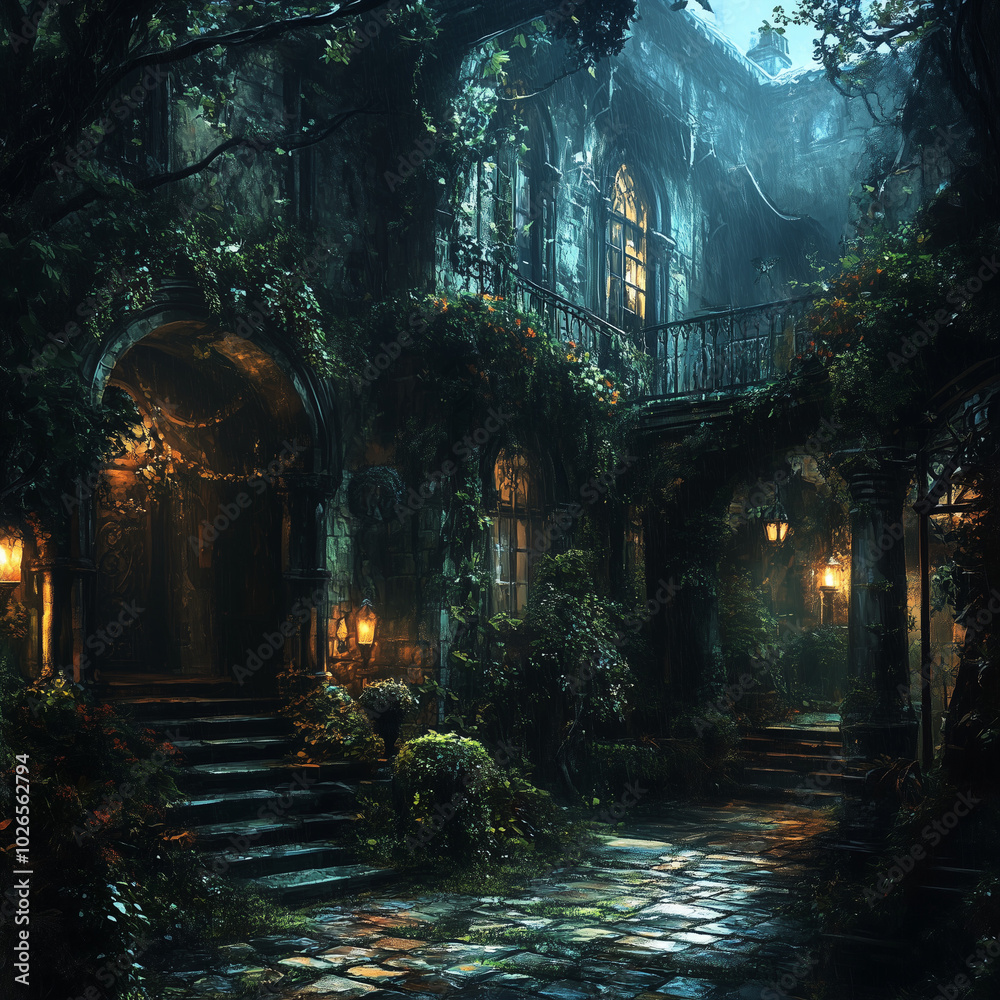 Enchanted overgrown courtyard with illuminated arched doorways and windows at night Enchanted overgrown courtyard with illuminated arched doorways and windows at night
