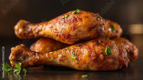 Closeup of Roasted Chicken Drumsticks with Parsley Garnish