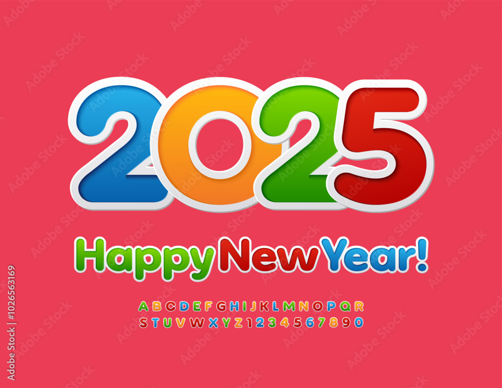 Vector cute Greeting Card Happy New Year 2025! Colorful sticker Font. Bright Alphabet Letters and Numbers set Vector cute Greeting Card Happy New Year 2025! Colorful sticker Font. Bright Alphabet Letters and Numbers set
