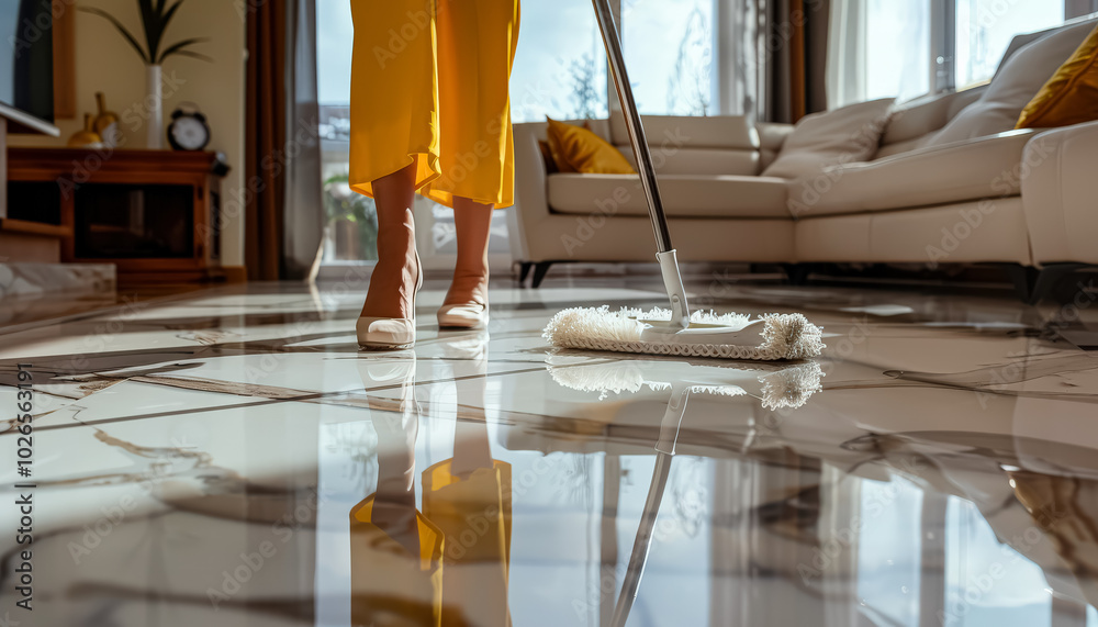 Woman is cleaning up a flooded floor with a yellow mop. The scene is messy and chaotic, with water everywhere and the woman struggling to clean it up. Scene is one of frustration and exhaustion Woman is cleaning up a flooded floor with a yellow mop. The scene is messy and chaotic, with water everywhere and the woman struggling to clean it up. Scene is one of frustration and exhaustion