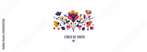 Cinco de Mayo logo featuring the text "CINCO DE MAYO" with vibrant flowers in a simple flat vector illustration on a white background.