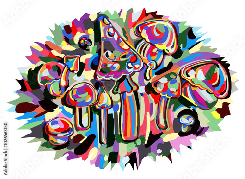 Psychedelic mushrooms on multicolor background. Colorful vector illustration for print. Sticker with rainbow mushrooms