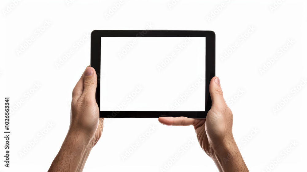 Person is holding tablet with white screen. Tablet is empty and person is holding it in their hands. mockup Person is holding tablet with white screen. Tablet is empty and person is holding it in their hands. mockup