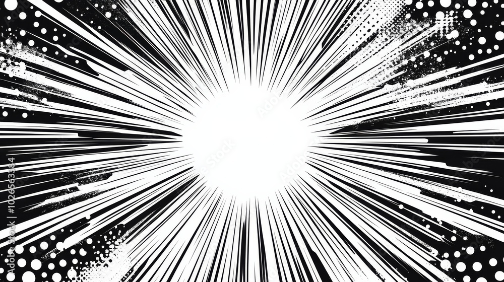 Fototapeta premium Comic book page background with radial effect. Black and white vector retro illustration
