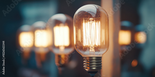 Close-up of a retro-style row of illuminated light bulbs. Background for nostalgic ambiance, vintage retro lighting, interior decoration