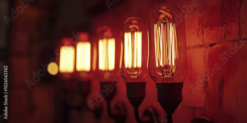Close-up of a retro-style row of illuminated light bulbs. Background for nostalgic ambiance, vintage retro lighting, interior decoration