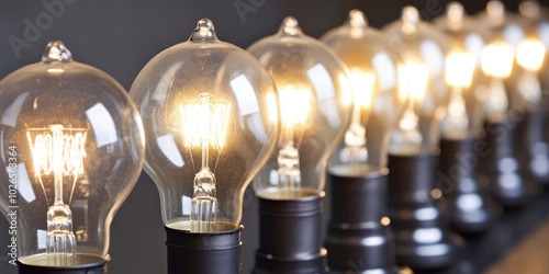 Close-up of a retro-style row of illuminated light bulbs. Background for nostalgic ambiance, vintage retro lighting, interior decoration