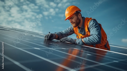 Wallpaper Mural Solar Power Engineer Installing Solar Panels on a Rooftop for Renewable Energy Torontodigital.ca
