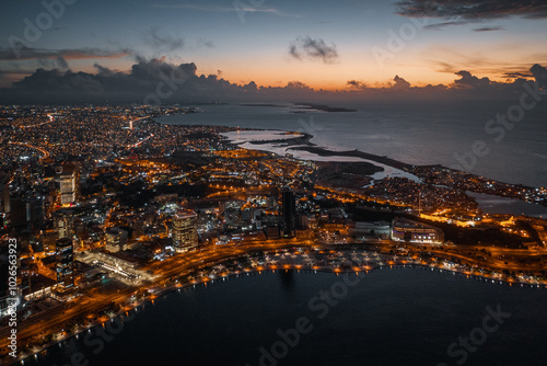 Aerial View of Luanda’s Coastline at Dusk