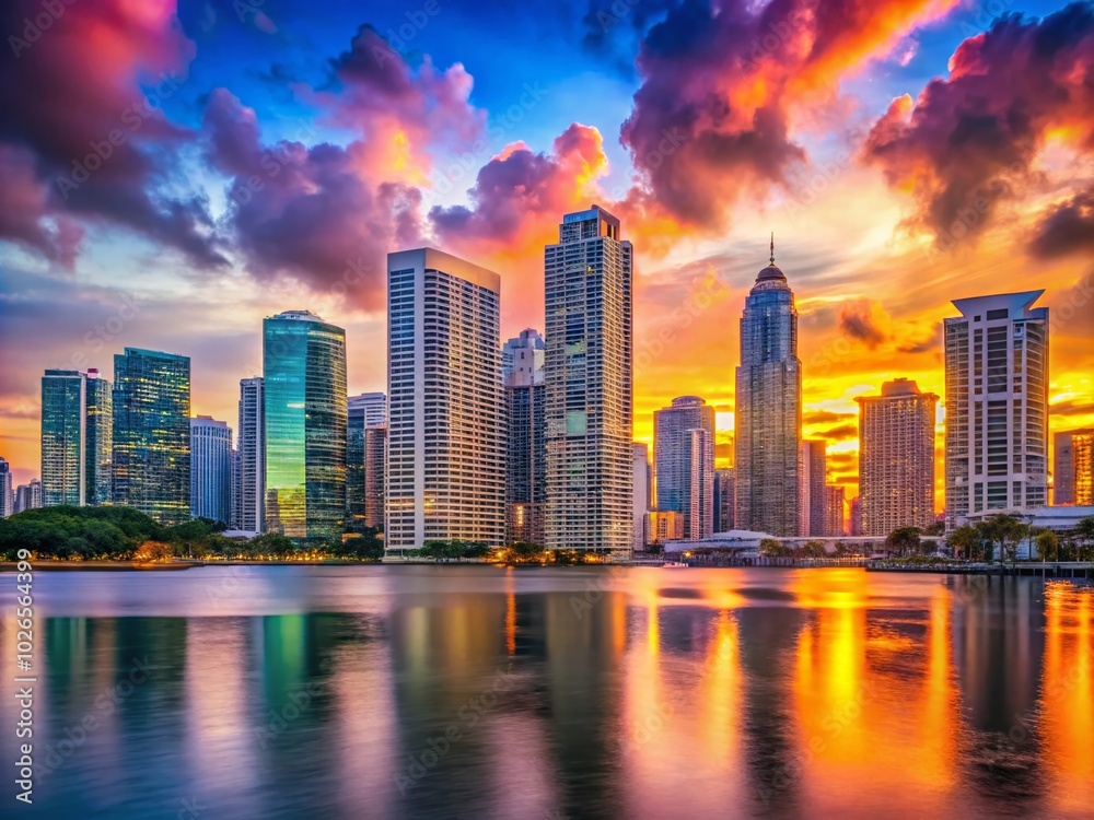 Fototapeta premium Stunning Downtown Miami Skyline at Sunset with Vibrant Colors and Modern Architecture Captured in a Breathtaking View